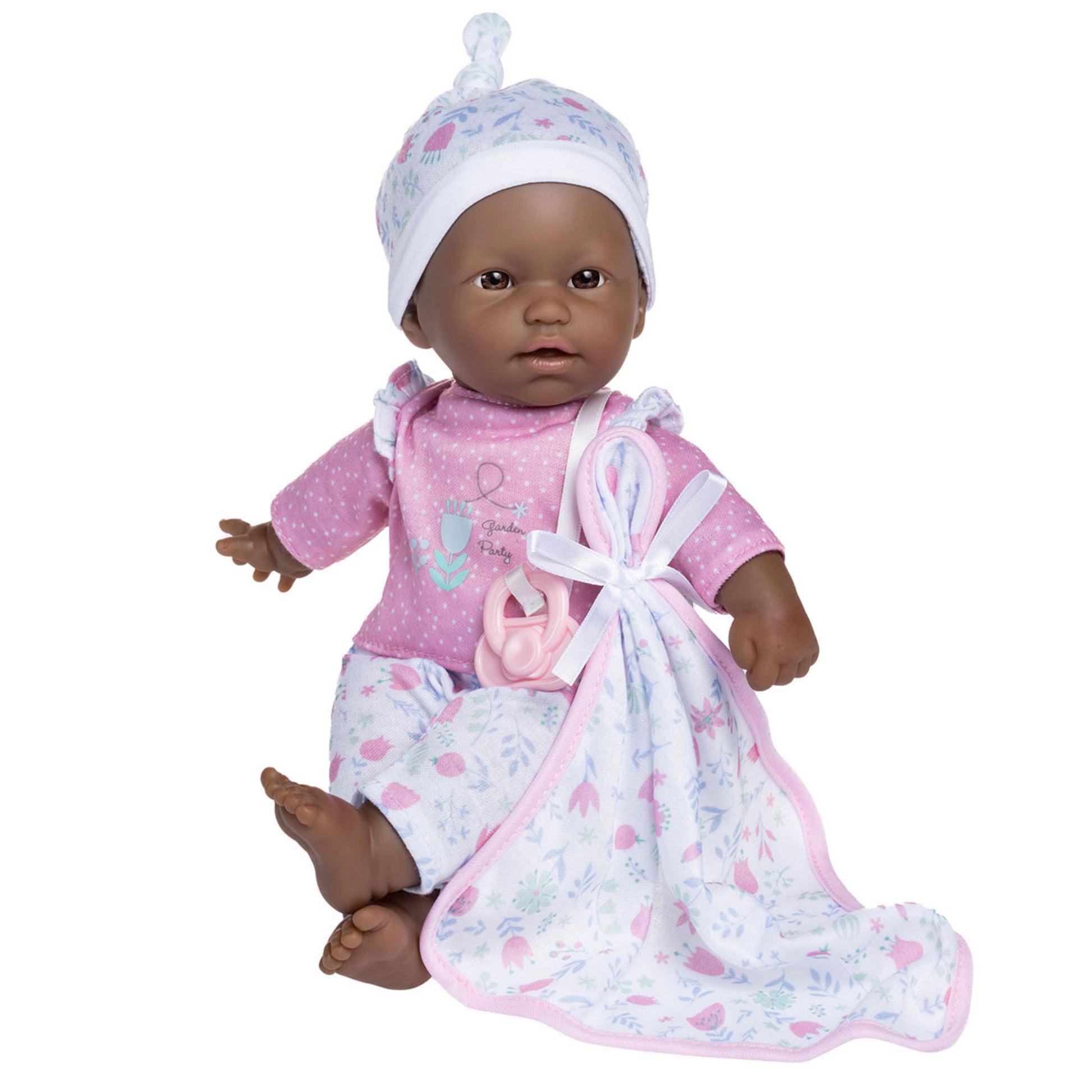 JC Toys La Baby African American doll in pink outfit with blanket and pacifier