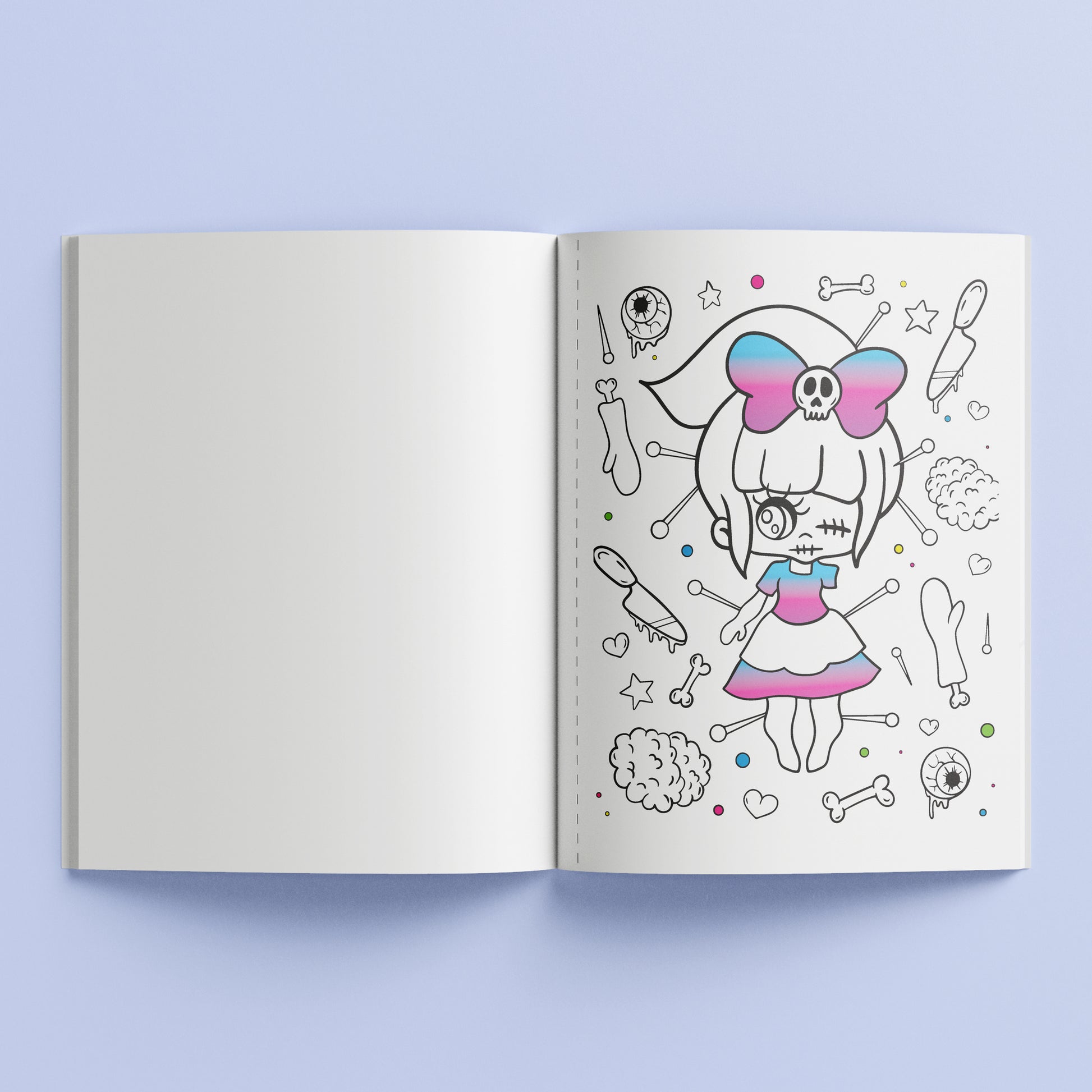 Kreepy Kawaii coloring book page with skull girl character and pink gradient bow