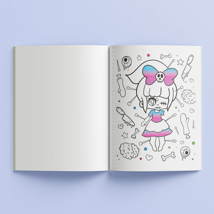 Kreepy Kawaii coloring book page with skull girl character and pink gradient bow