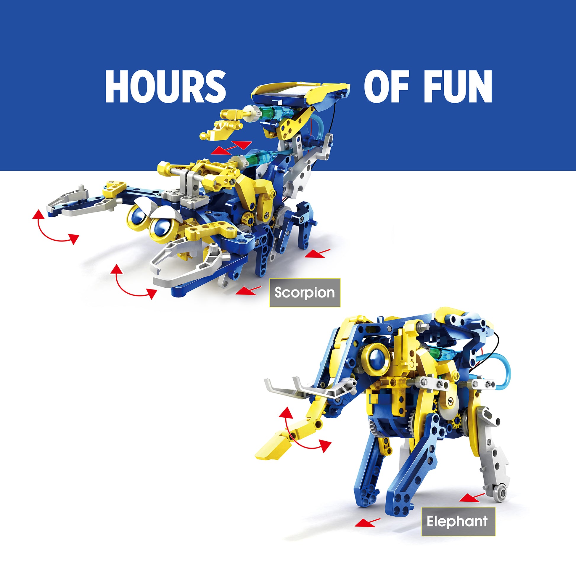 Teach Tech Rivet-Rex Robot blue and yellow buildable robot with Scorpion and Elephant configurations