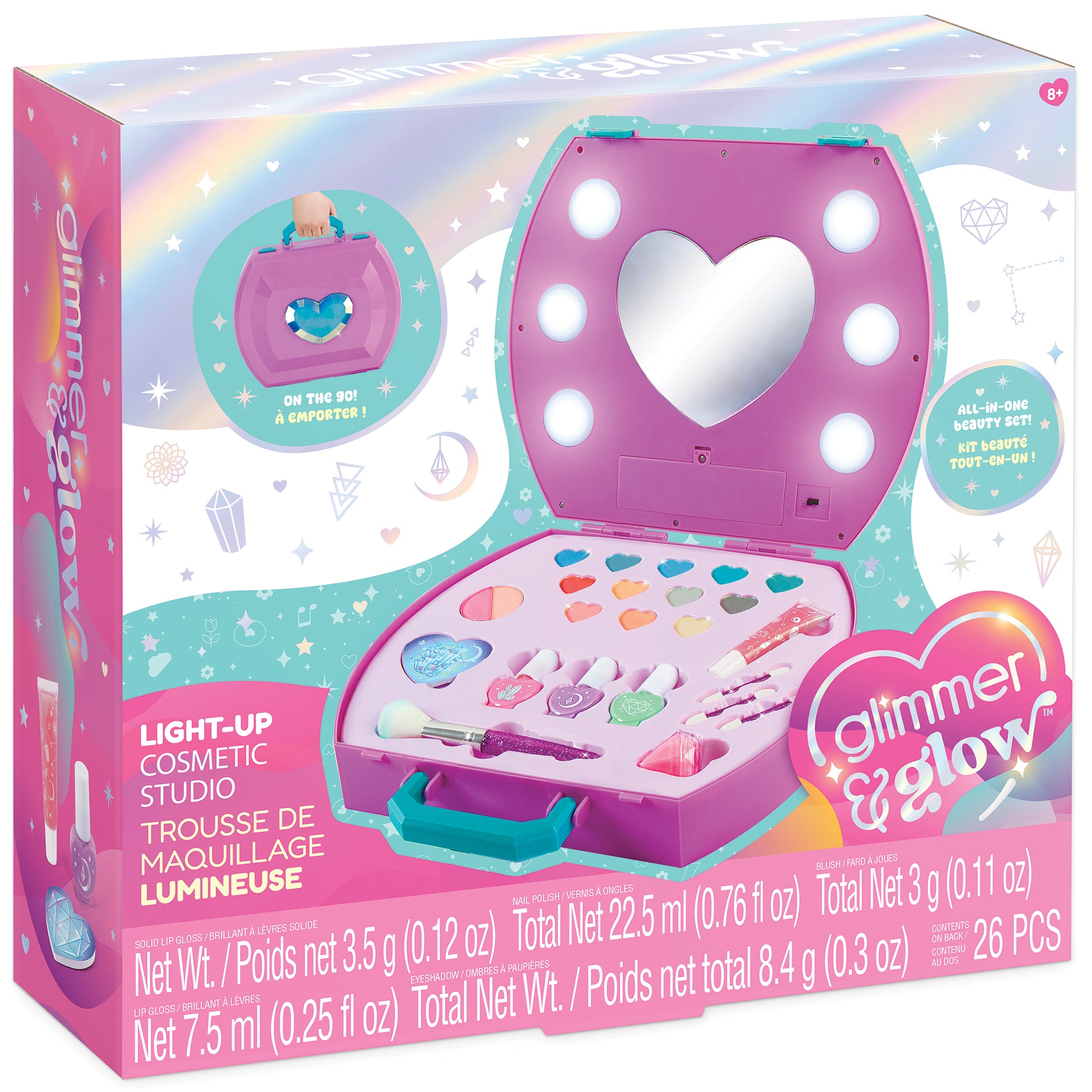 Glimmer & Glow Light-Up Cosmetic Studio purple beauty case with mirror and makeup accessories