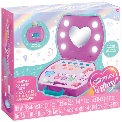 Glimmer & Glow Light-Up Cosmetic Studio purple beauty case with mirror and makeup accessories