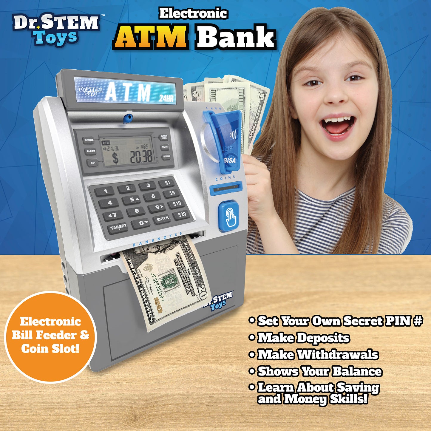 Dr. STEM Deluxe ATM Savings Bank - Real Money Management with Digital LCD, Coin Counting, Bill Feeder, PIN Security, STEM Learning for Ages 5+