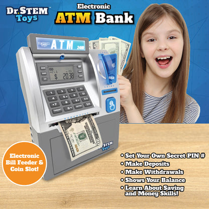 Dr. STEM Deluxe ATM Savings Bank - Real Money Management with Digital LCD, Coin Counting, Bill Feeder, PIN Security, STEM Learning for Ages 5+
