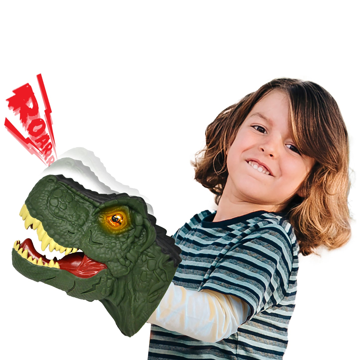 Megahunter T-Rex Hand Puppet in green with yellow teeth and red tongue
