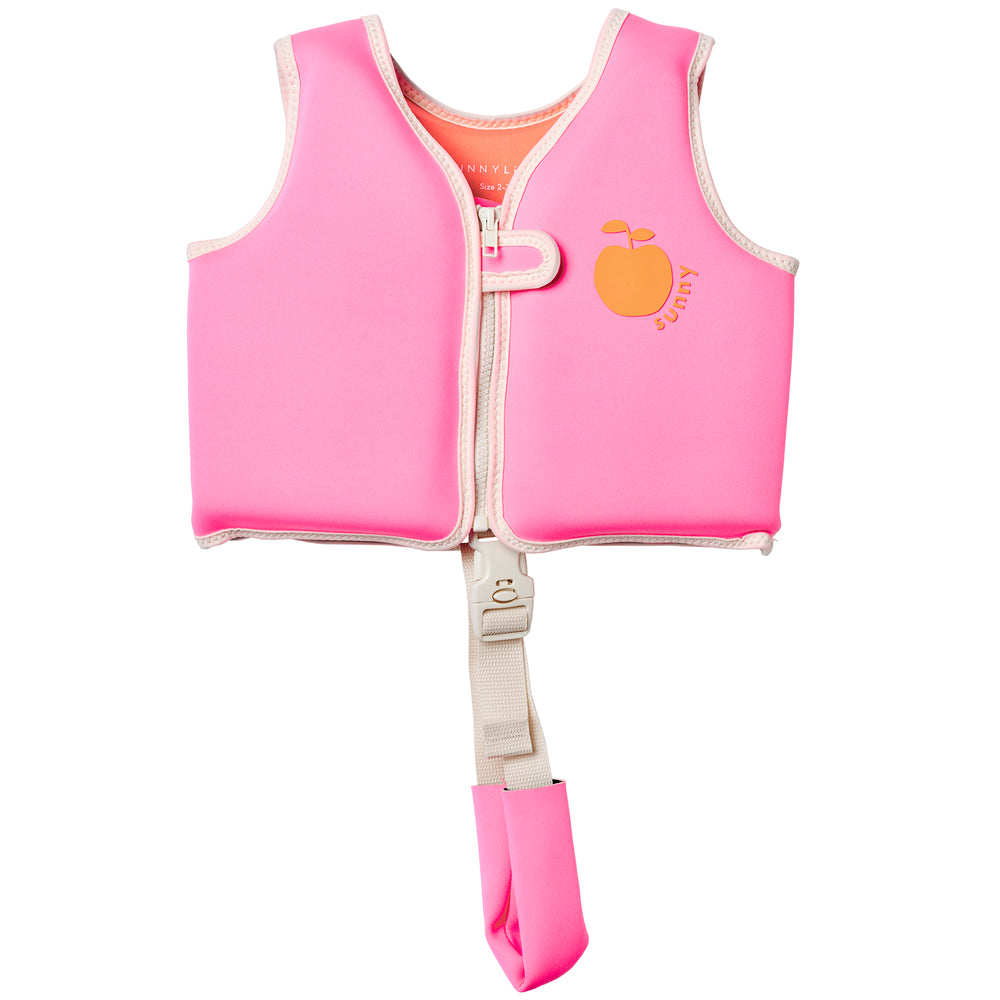 Float Vest 2-3 Poppy the Peach in neon pink with peach design and buckle strap