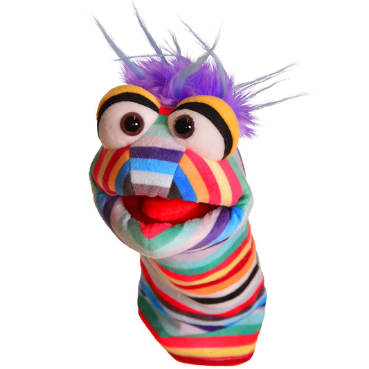 Living Puppets Pocky Sock hand puppet with colorful rainbow striped body, purple spiky hair, and movable mouth