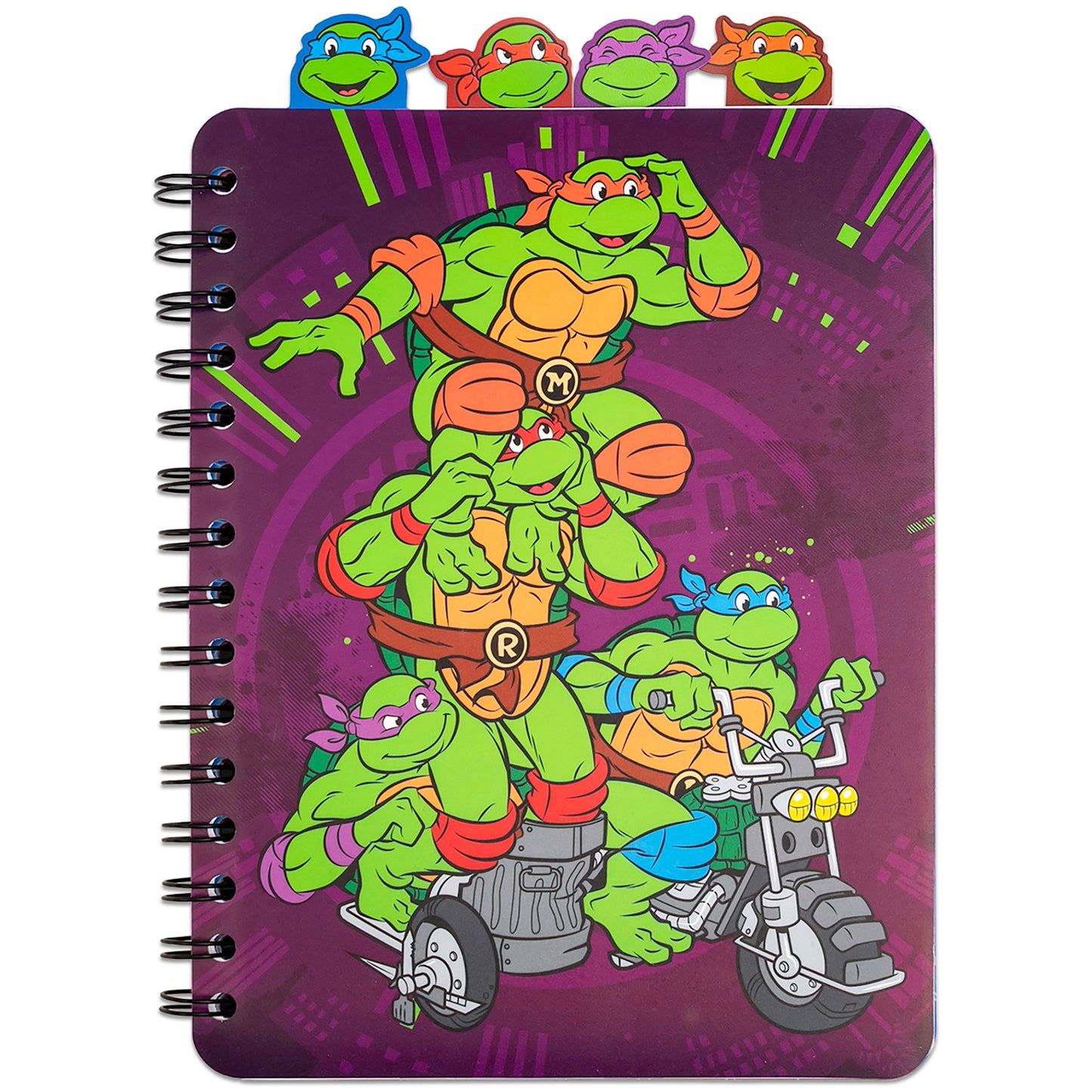 TMNT 4 Tab Journal with spiral binding, purple cover featuring all four Teenage Mutant Ninja Turtles