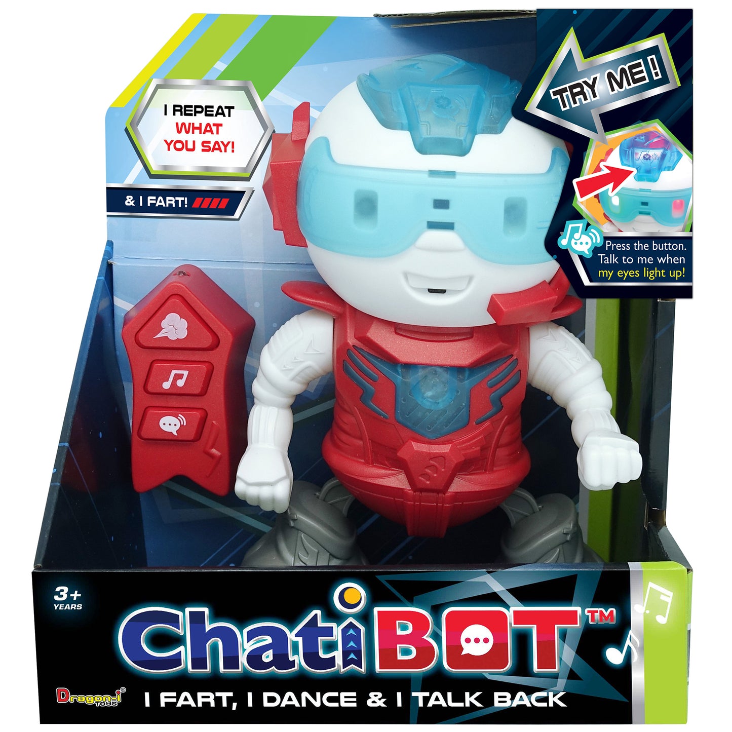 ChatiBot Red interactive robot toy with light-up eyes, red and white body, includes remote control