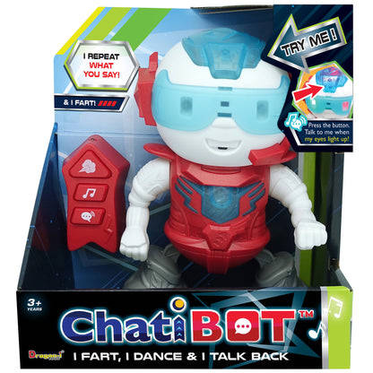 ChatiBot Red interactive robot toy with light-up eyes, red and white body, includes remote control