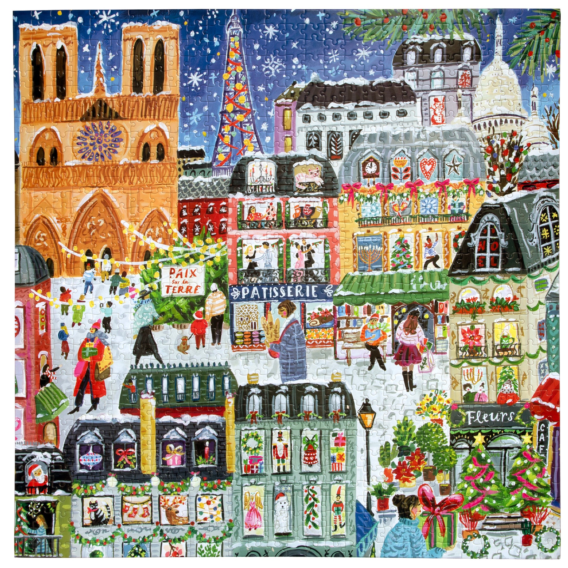 eeBoo Paris Christmas 1000 piece jigsaw puzzle featuring colorful illustrated Parisian holiday scene