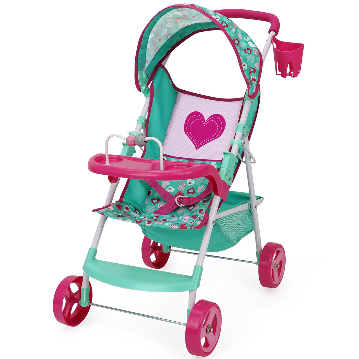 Mint Heart Sarah doll stroller in mint green and pink with heart design, canopy, tray, and storage basket