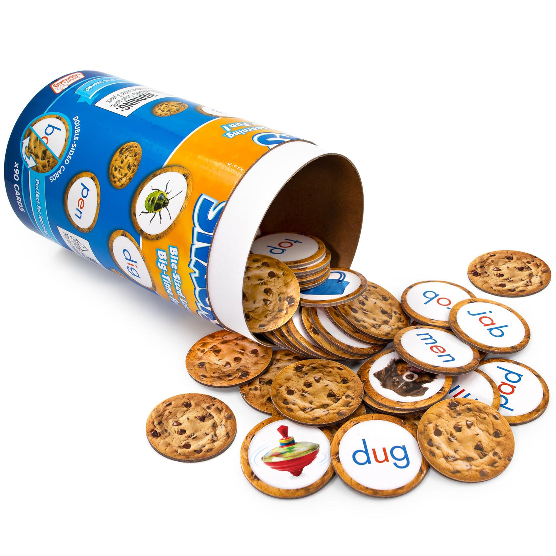 Snacks CVS learning cookies game with blue tube and chocolate chip cookie pieces