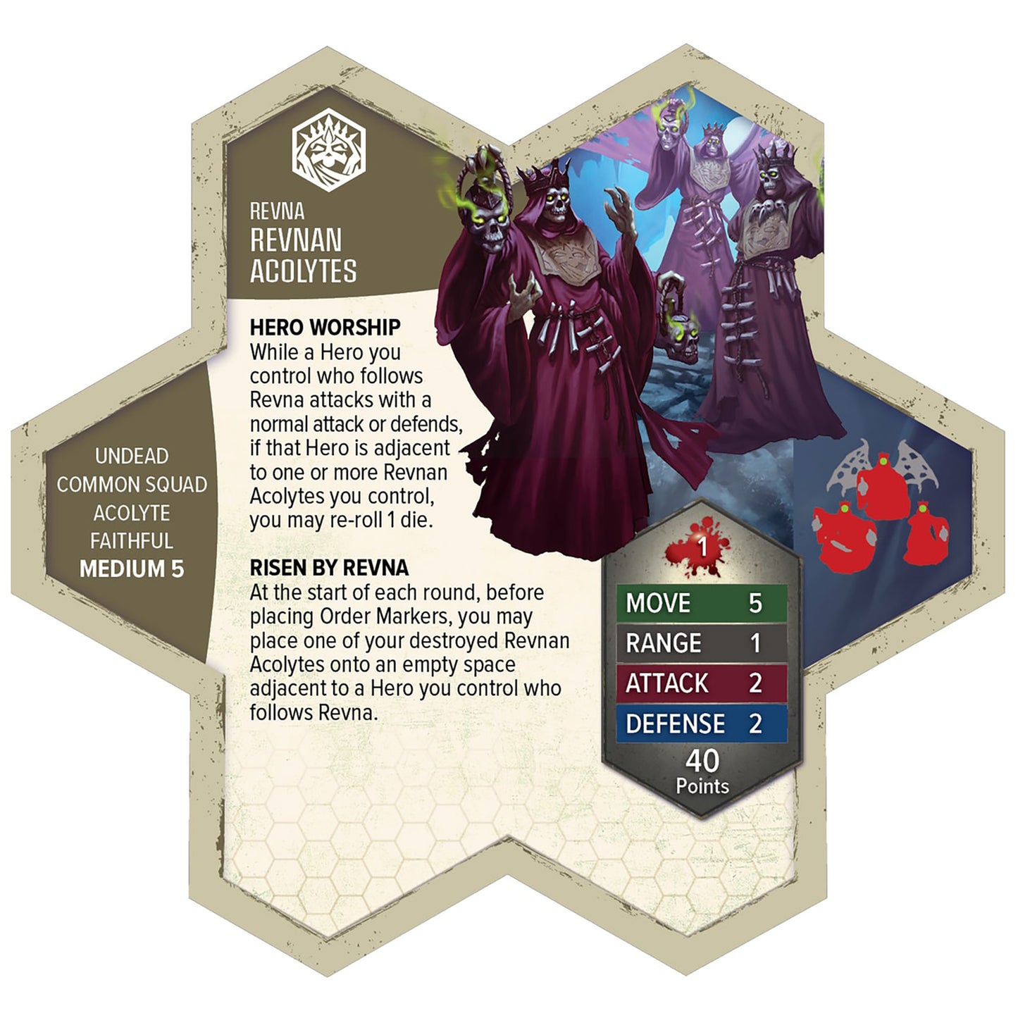 Heroscape Revnan Acolytes army expansion with 4 undead miniature figures and stat cards showing Move 5, Attack 2, Def...