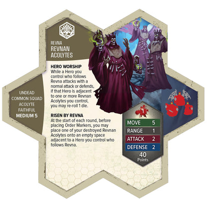 Heroscape Revnan Acolytes army expansion with 4 undead miniature figures and stat cards showing Move 5, Attack 2, Def...