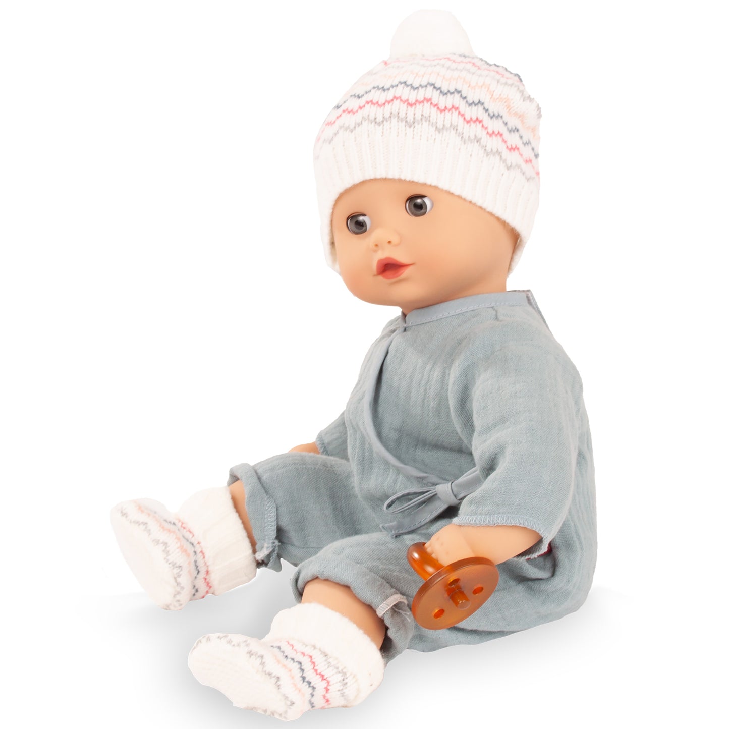 Gotz Muffin Baby Zig Zag 13 inch doll in gray romper with white knit hat and socks