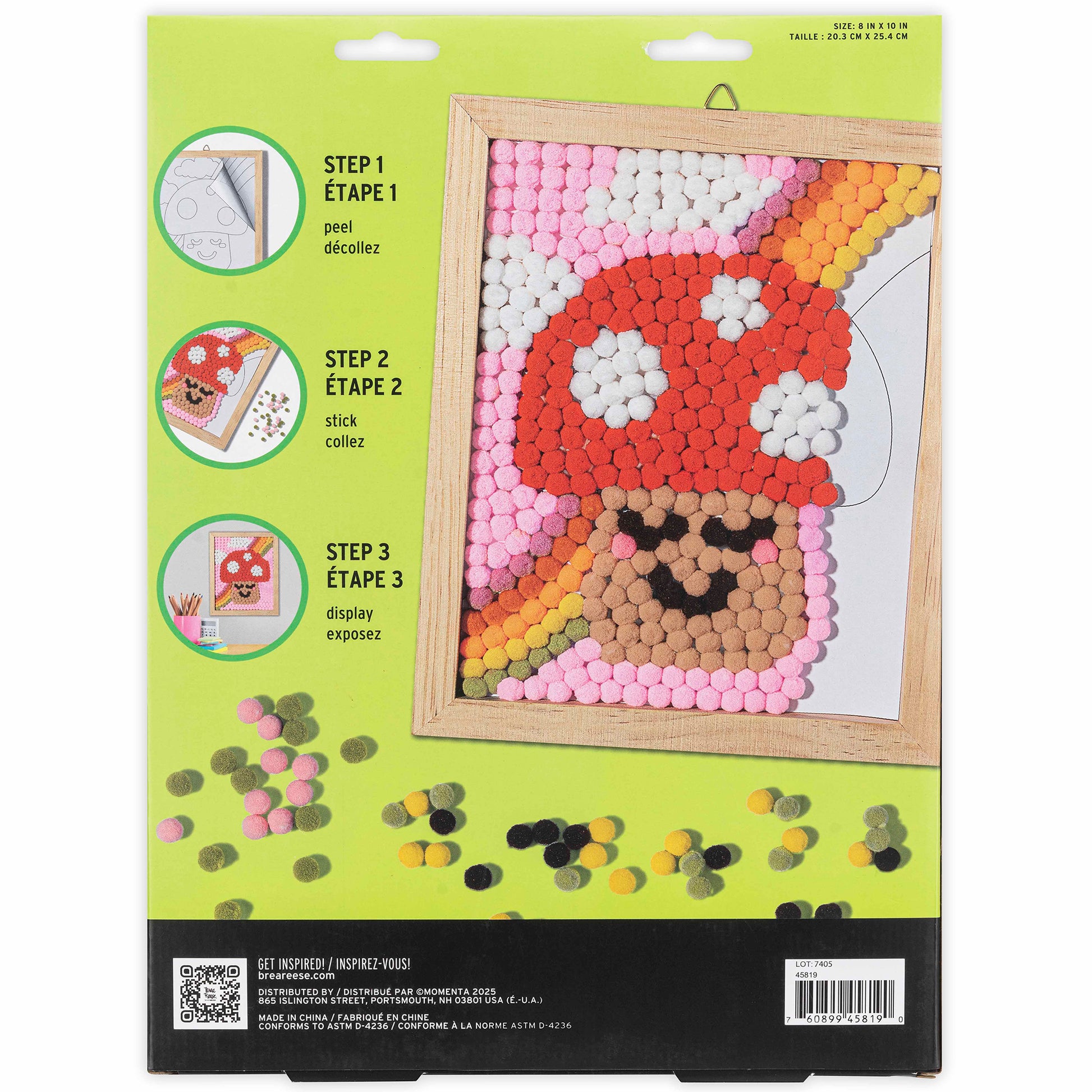 Pom Art Fuzzy Mushroom craft kit with colorful pom poms in wooden frame
