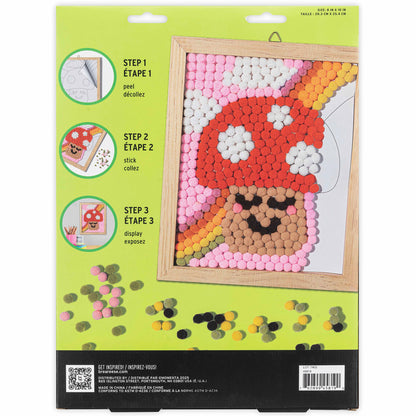 Pom Art Fuzzy Mushroom craft kit with colorful pom poms in wooden frame