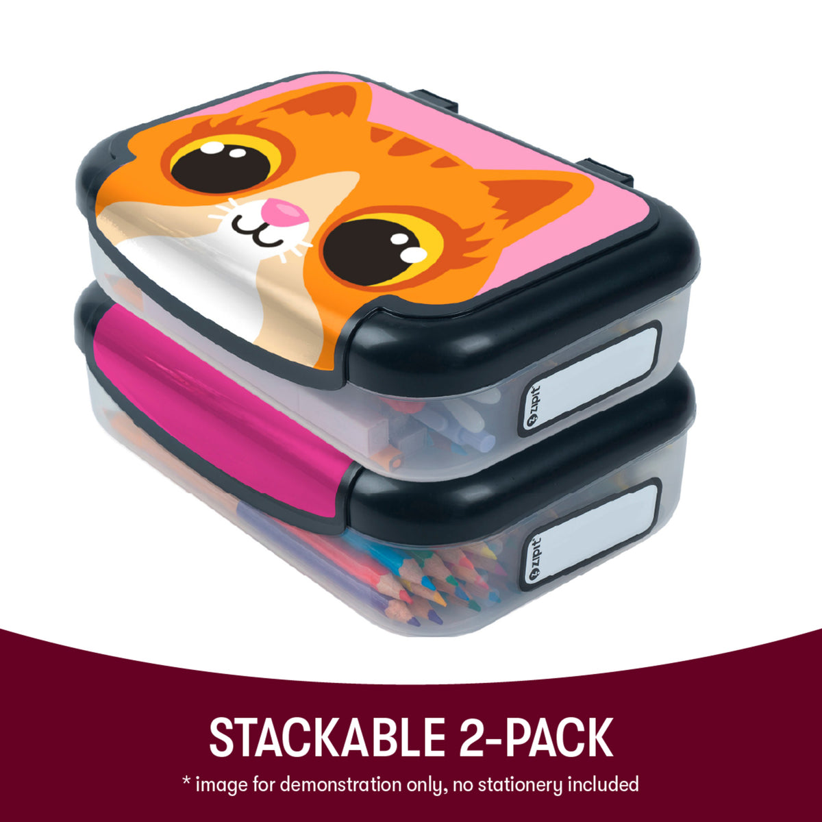 2-pack recycled plastic pencil boxes with orange cat and pink unicorn designs