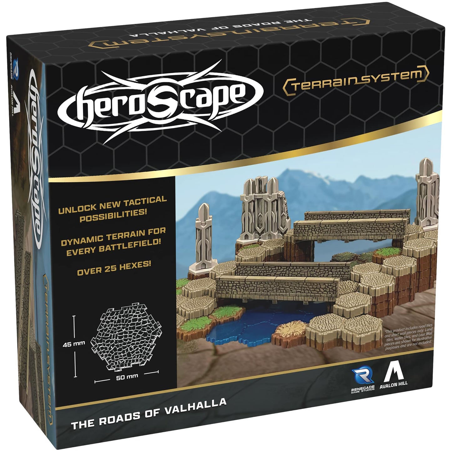 Heroscape Roads of Valhalla terrain expansion set with castle structures, bridges, and hexagonal road tiles