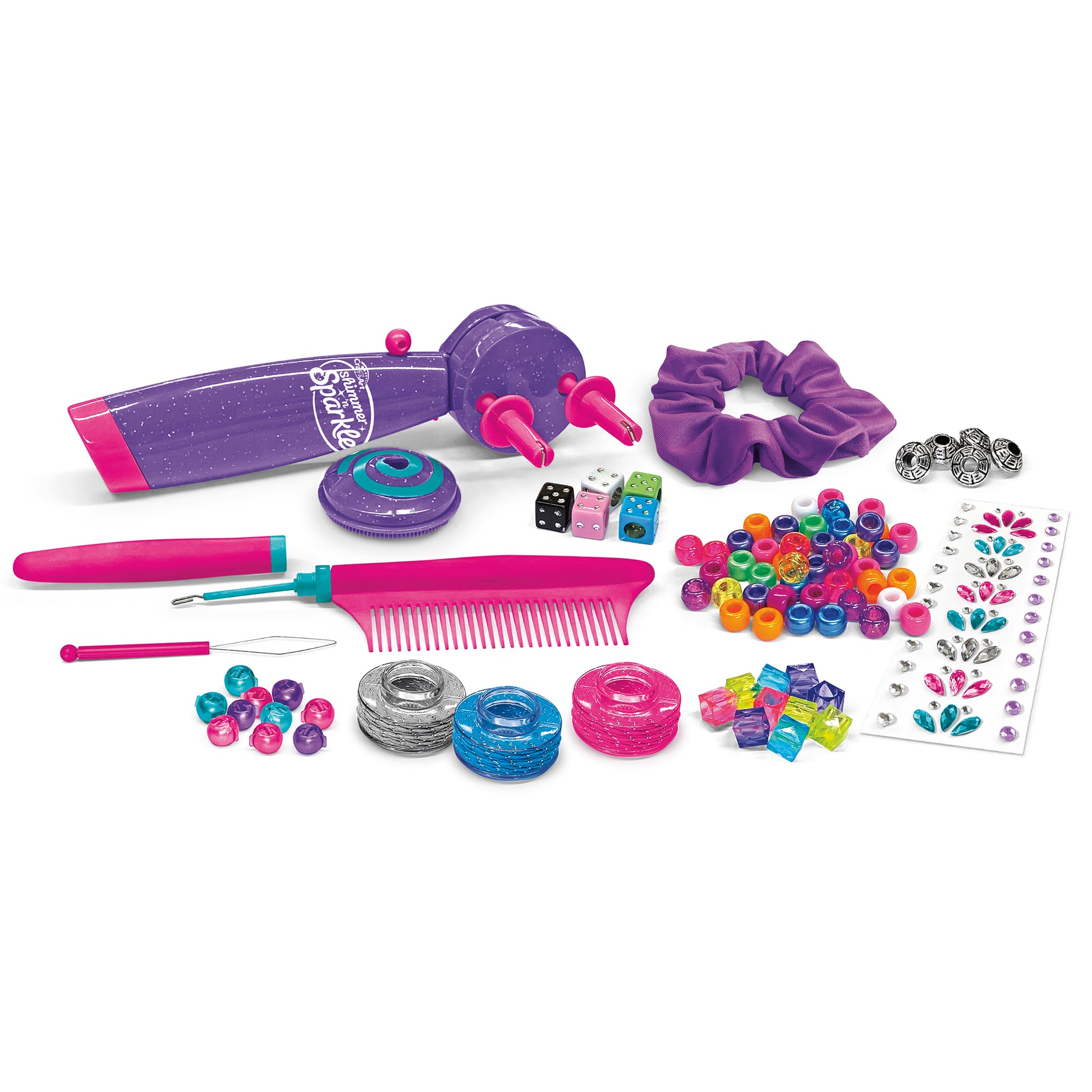 Shimmer 'n Sparkle Braid Bead Twist Hair Designer kit with purple tools, colorful beads, and accessories