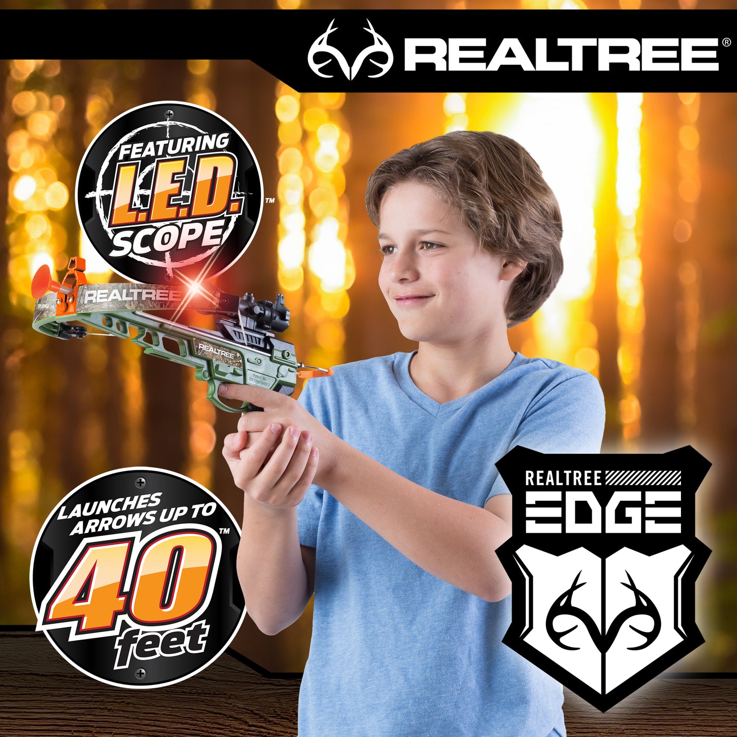 RealTree toy crossbow with LED scope, green camo, shoots 40 feet, includes arrows