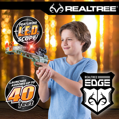RealTree toy crossbow with LED scope, green camo, shoots 40 feet, includes arrows