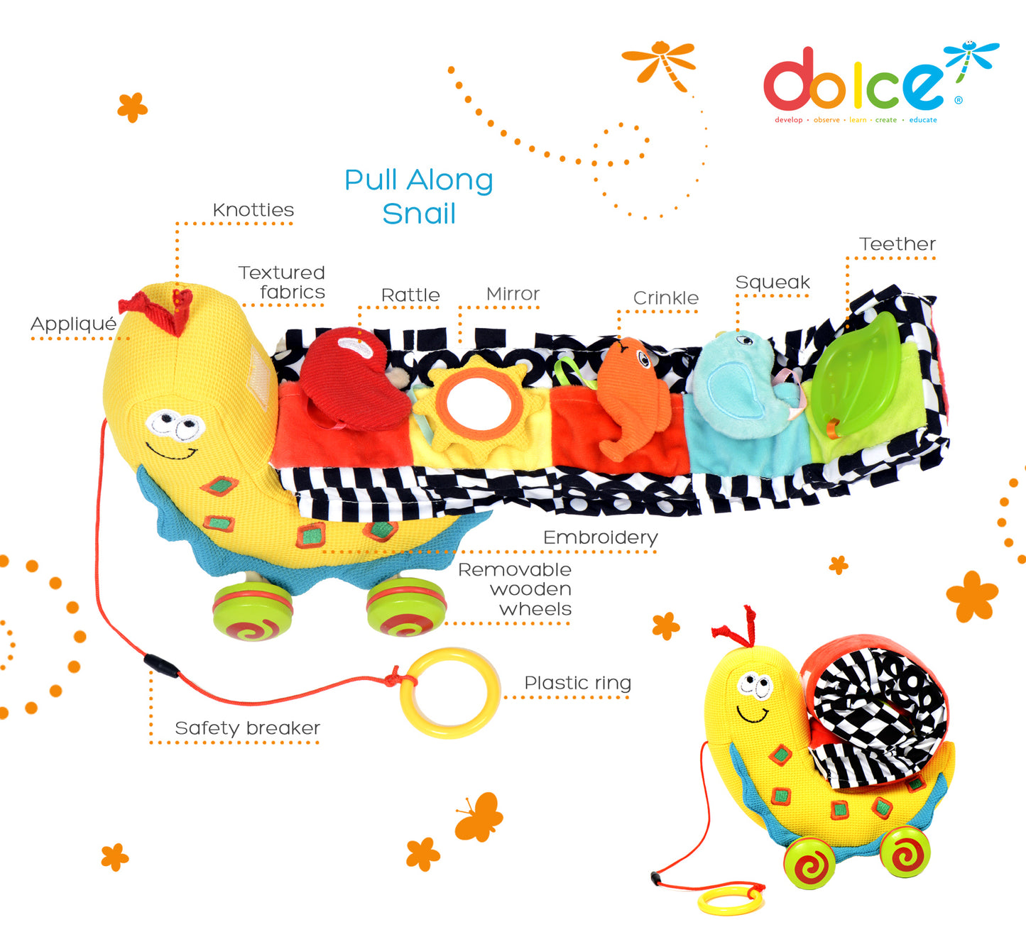 Dolce Sammy the Pull Along Snail - Interactive Toddler Toy