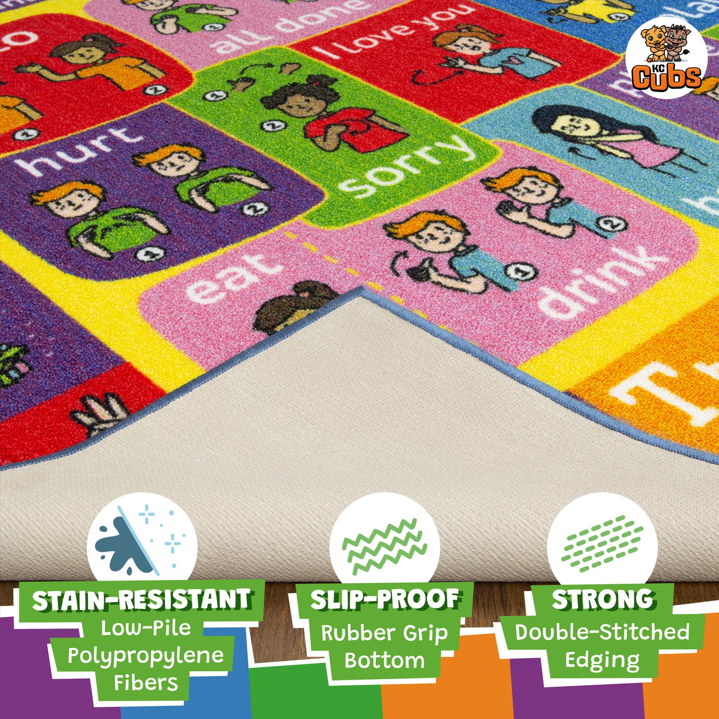 KC Cubs ABC Alphabet ASL Sign Language Educational Rug in bright colors with child figures and letters