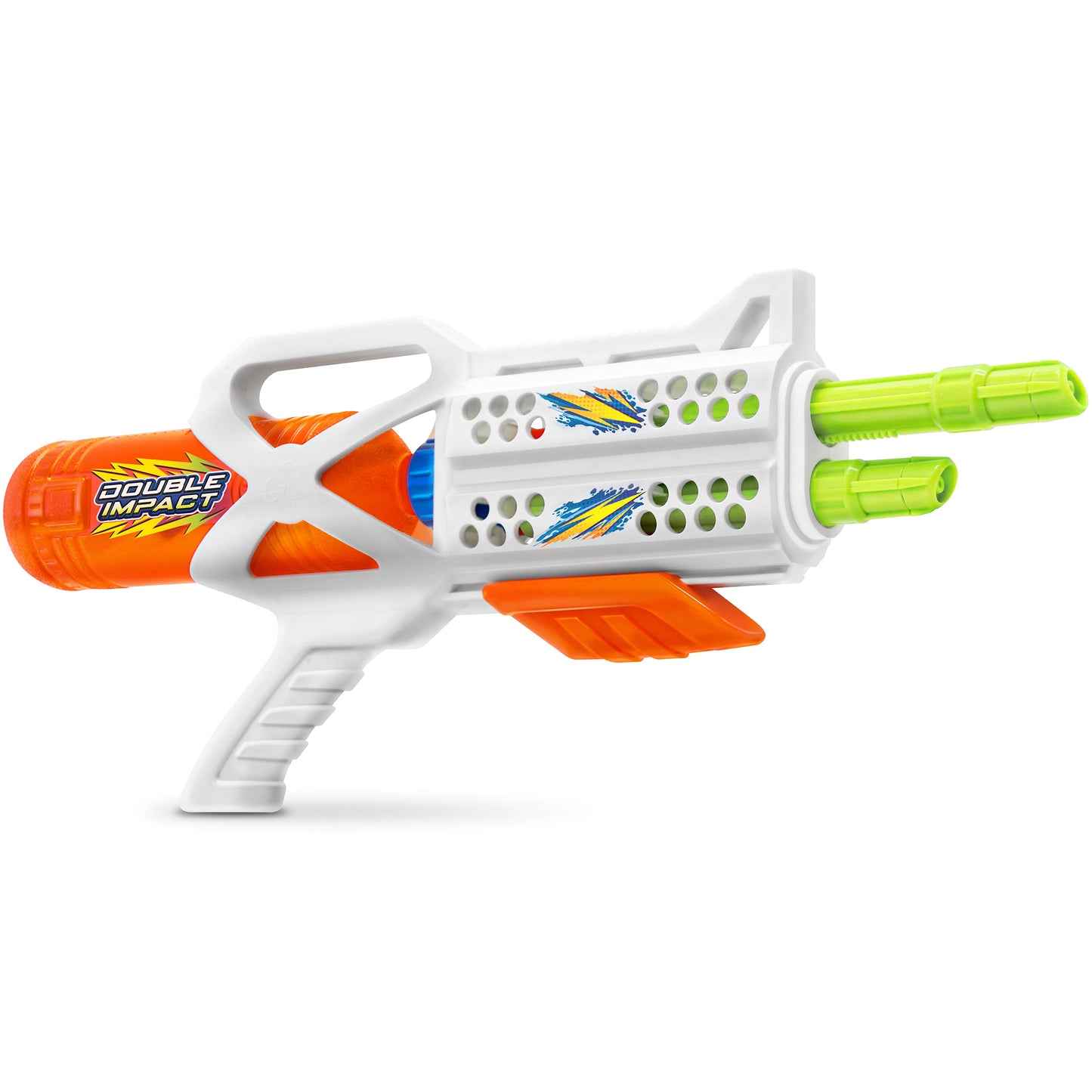 Water Blaster Double Impact toy gun with orange and white body, dual neon green barrels