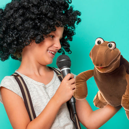 Living Puppets Sal The Turtle brown hand puppet with movable mouth, shown with child holding microphone against turqu...