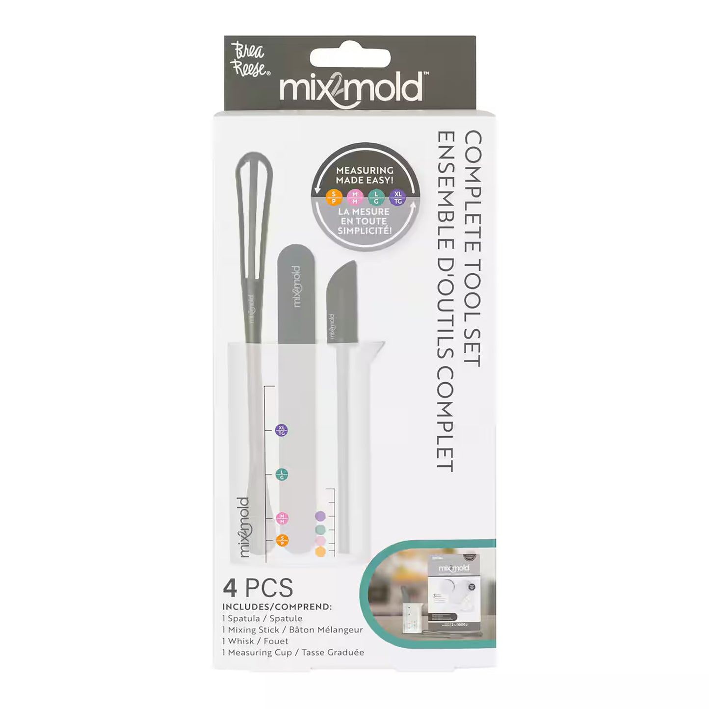 Mix2Mold Complete Tool Set with 4 pieces including spatula, mixing stick, whisk, and measuring cup in gray and white