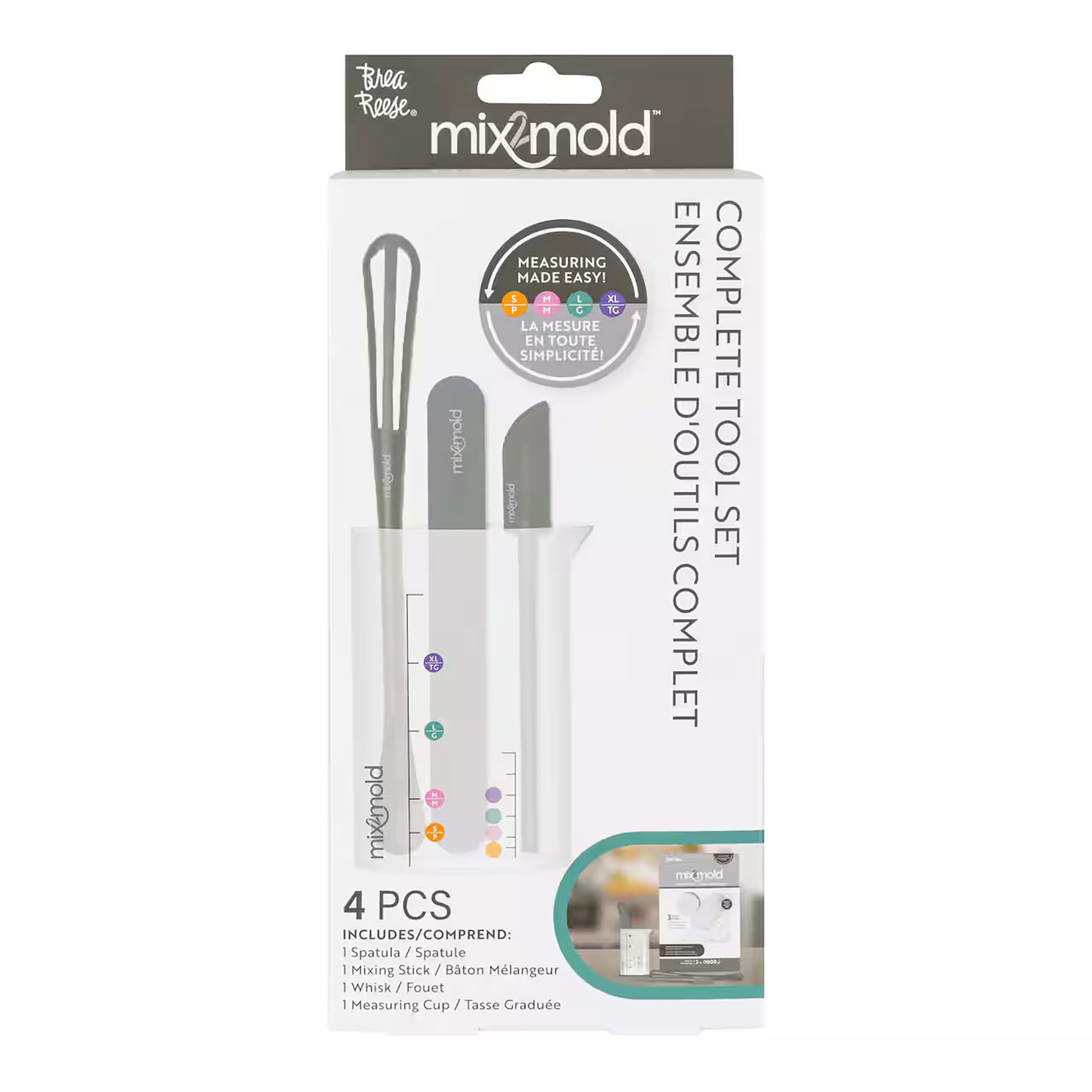 Mix2Mold Complete Tool Set with 4 pieces including spatula, mixing stick, whisk, and measuring cup in gray and white