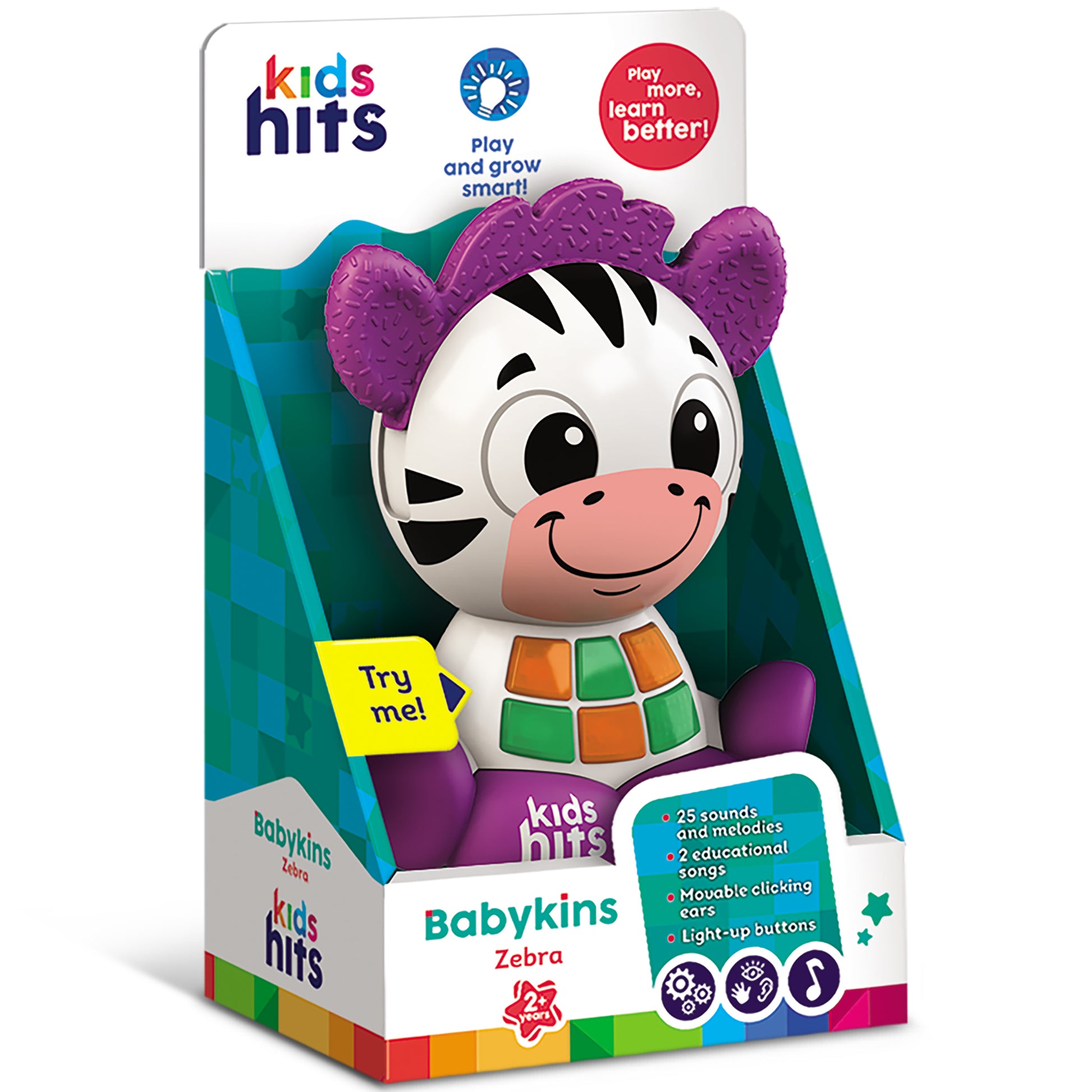 Kids Hits Babykins Zebra toy with purple ears, colorful blocks, lights and sounds for toddlers