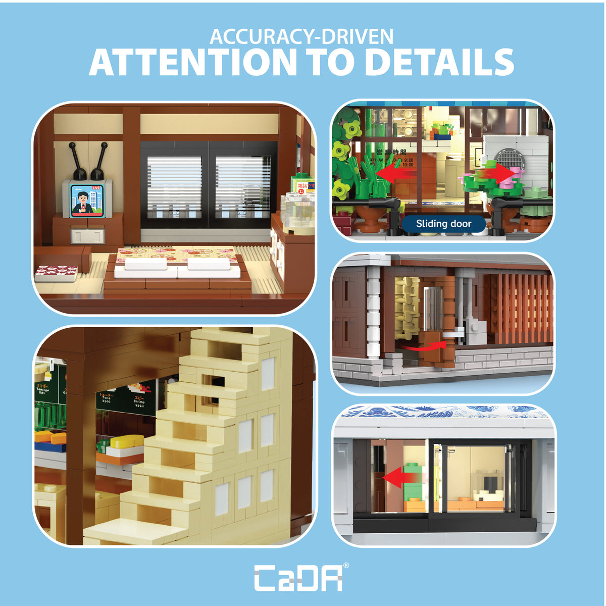 CaDA Japanese Sushi Shop building set with detailed storefront, balcony, and interior rooms in brown, cream, and green