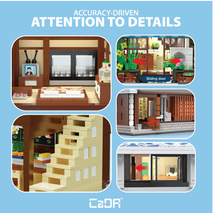 CaDA Japanese Sushi Shop building set with detailed storefront, balcony, and interior rooms in brown, cream, and green