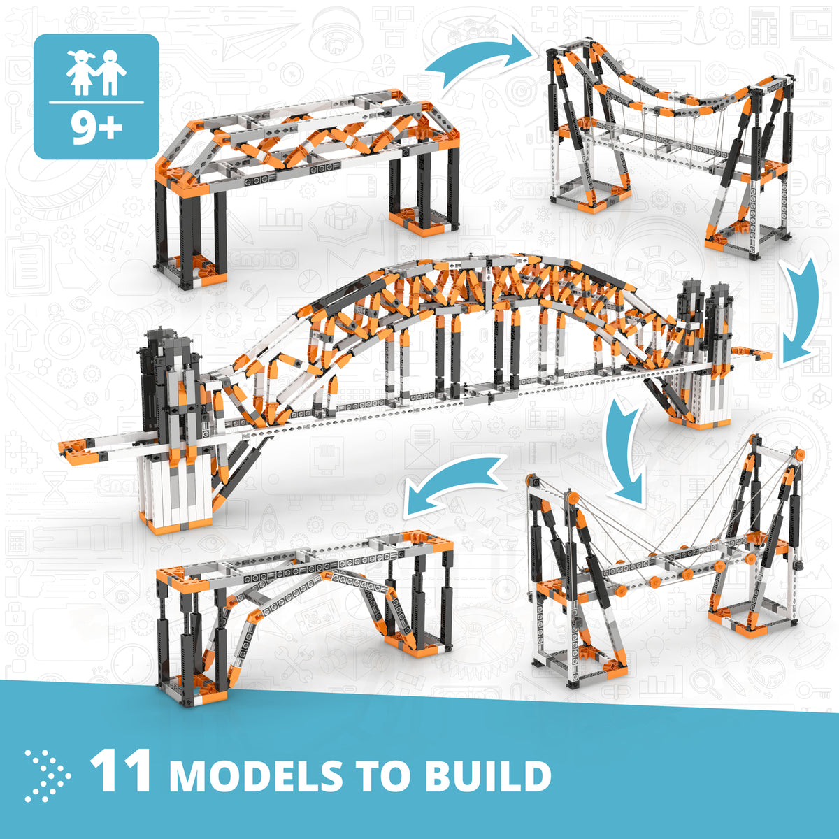 Engino STEM Architecture building set with 11 models in orange and black, featuring Eiffel Tower and Sydney Bridge de...