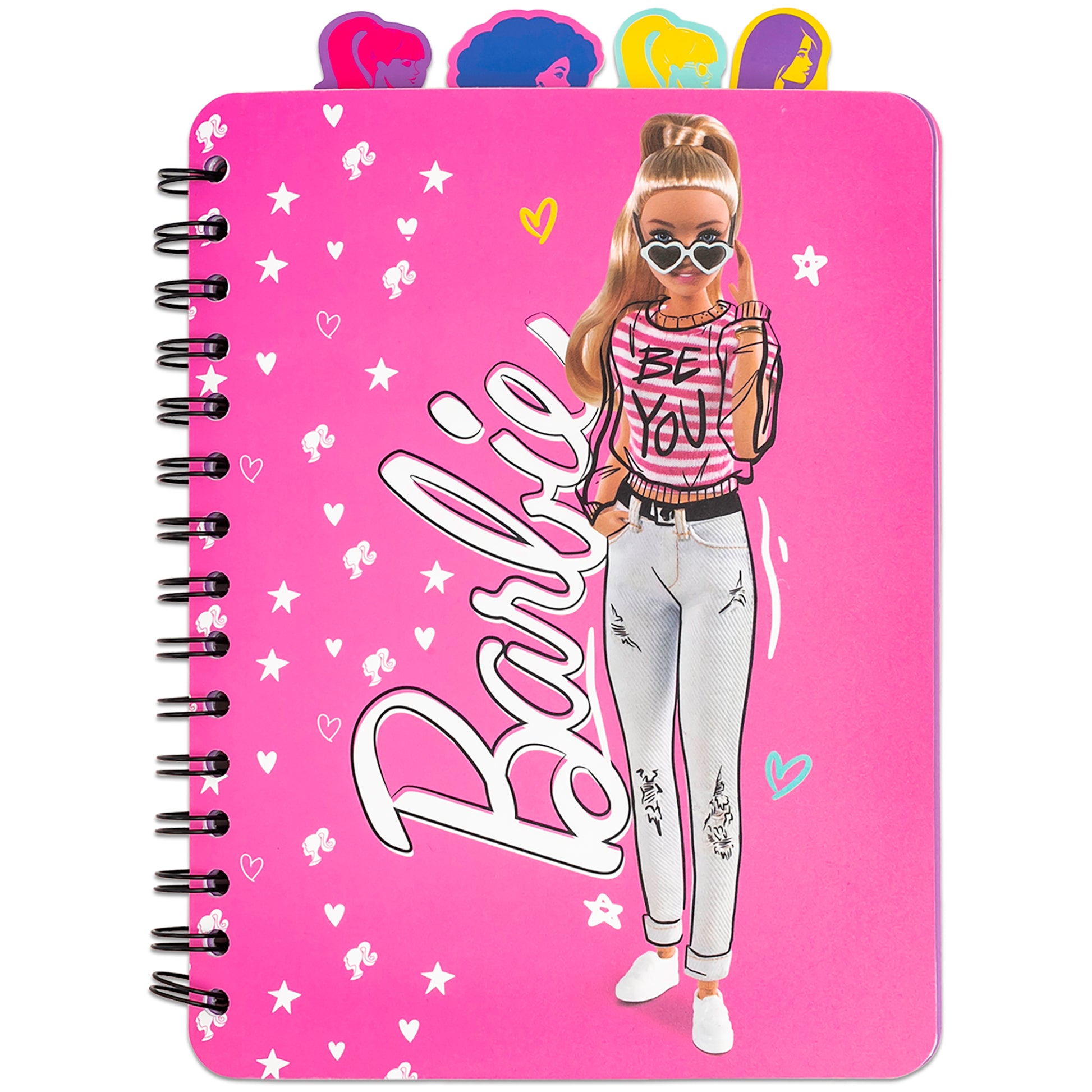 Barbie 4 Tab Journal with pink cover, spiral binding, and colorful divider tabs
