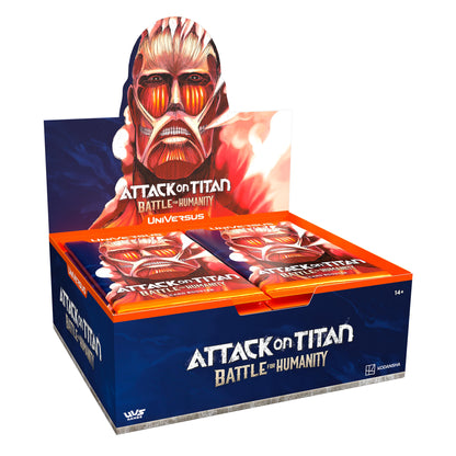 UniVersus Attack on Titan Battle for Humanity Booster Display Box with 24 packs, featuring red and blue packaging