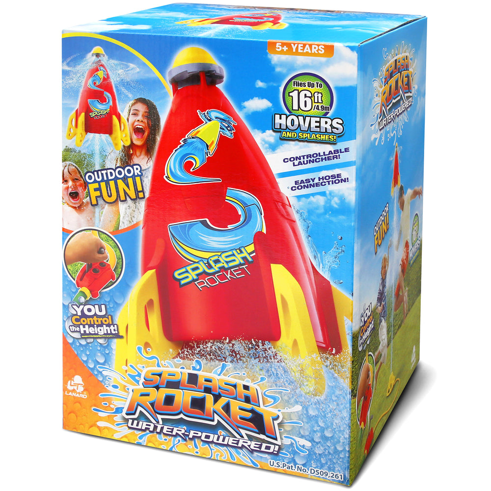 Splash Rocket water toy in red and yellow, flies up to 16ft high with controllable launcher
