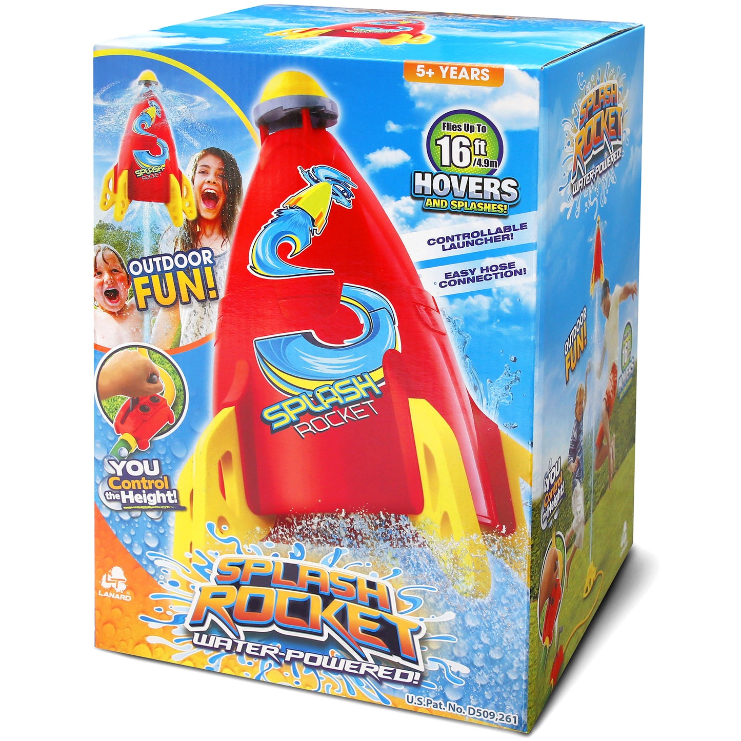 Splash Rocket water toy in red and yellow, flies up to 16ft high with controllable launcher