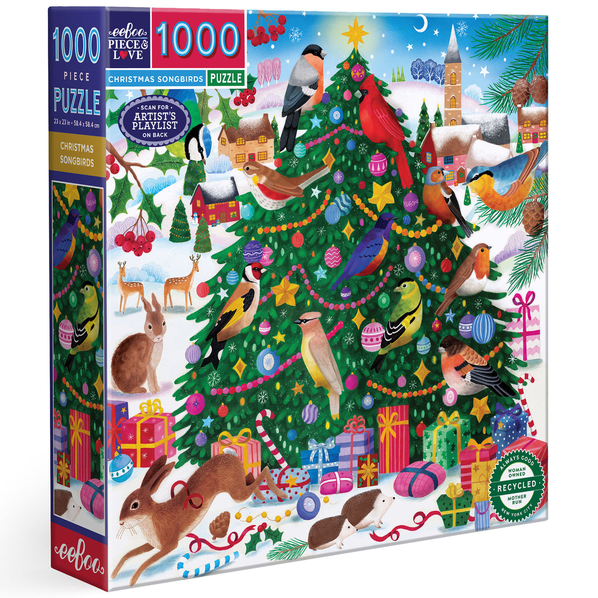 eeBoo Christmas Songbirds 1000 Piece Puzzle featuring colorful birds on decorated tree with gifts