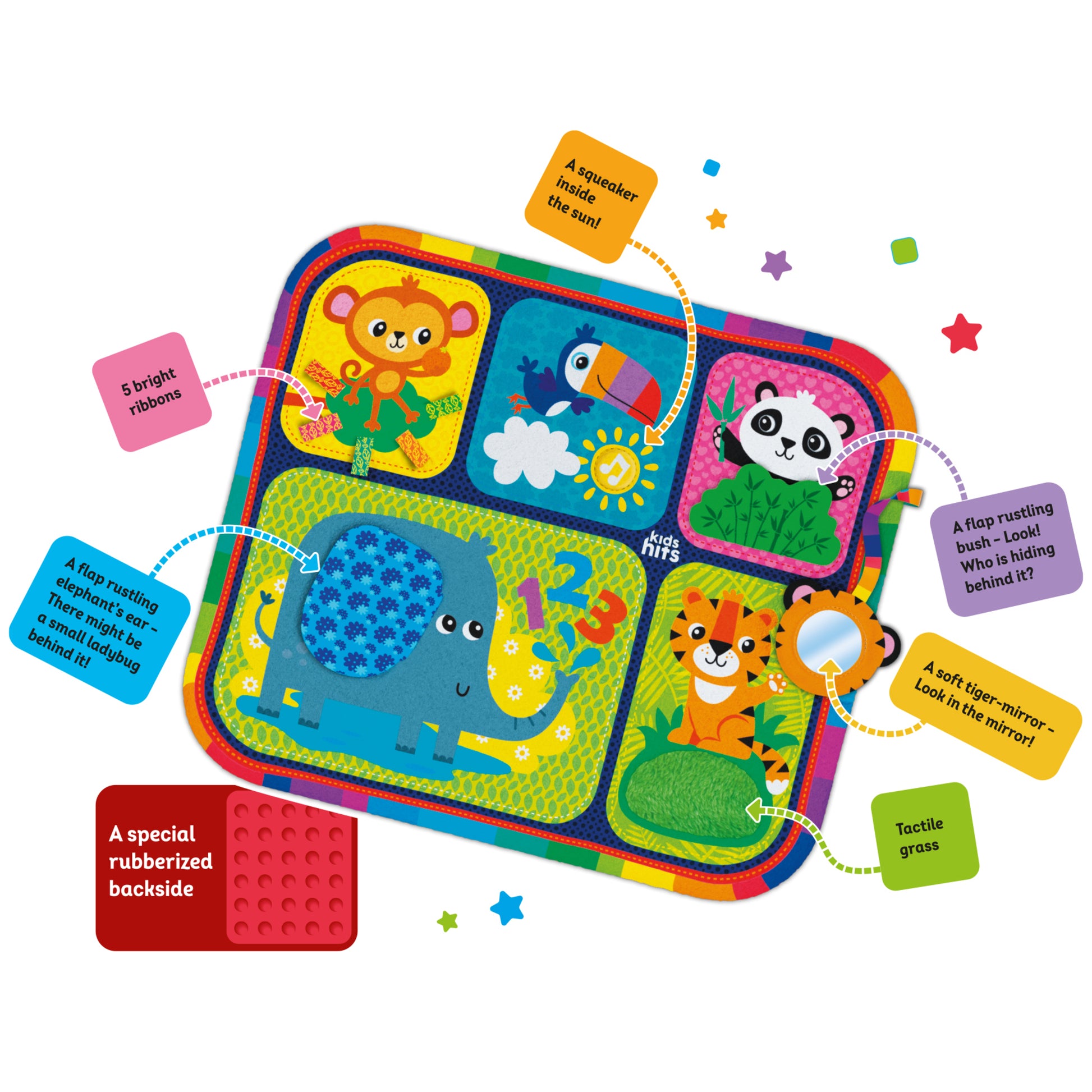 Kids Hits Baby Touch Mat My First Zoo sensory floor pad with animals, mirror, squeaker, and ribbons