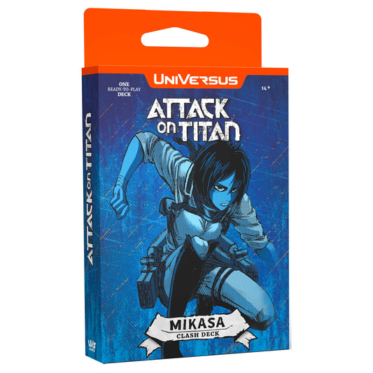 UniVersus Attack on Titan Mikasa Clash Deck card game box featuring anime character Mikasa in blue combat gear on dark blue background