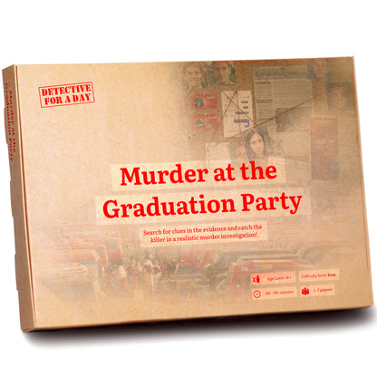 Detective For A Day Murder at the Graduation Party board game box with vintage detective theme