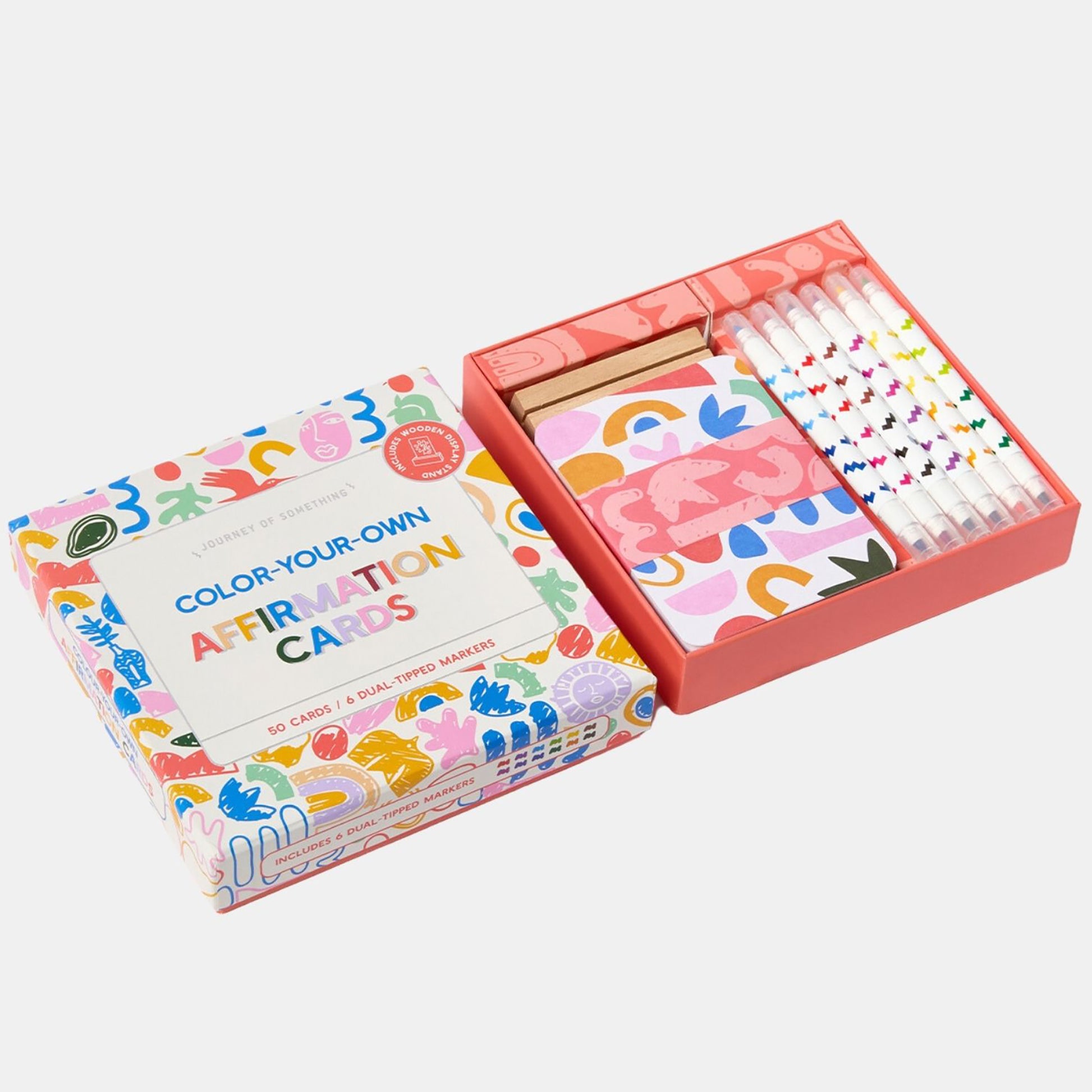 JOS Color Your Own Affirmation Cards set with 50 cards, markers, and colorful geometric designs