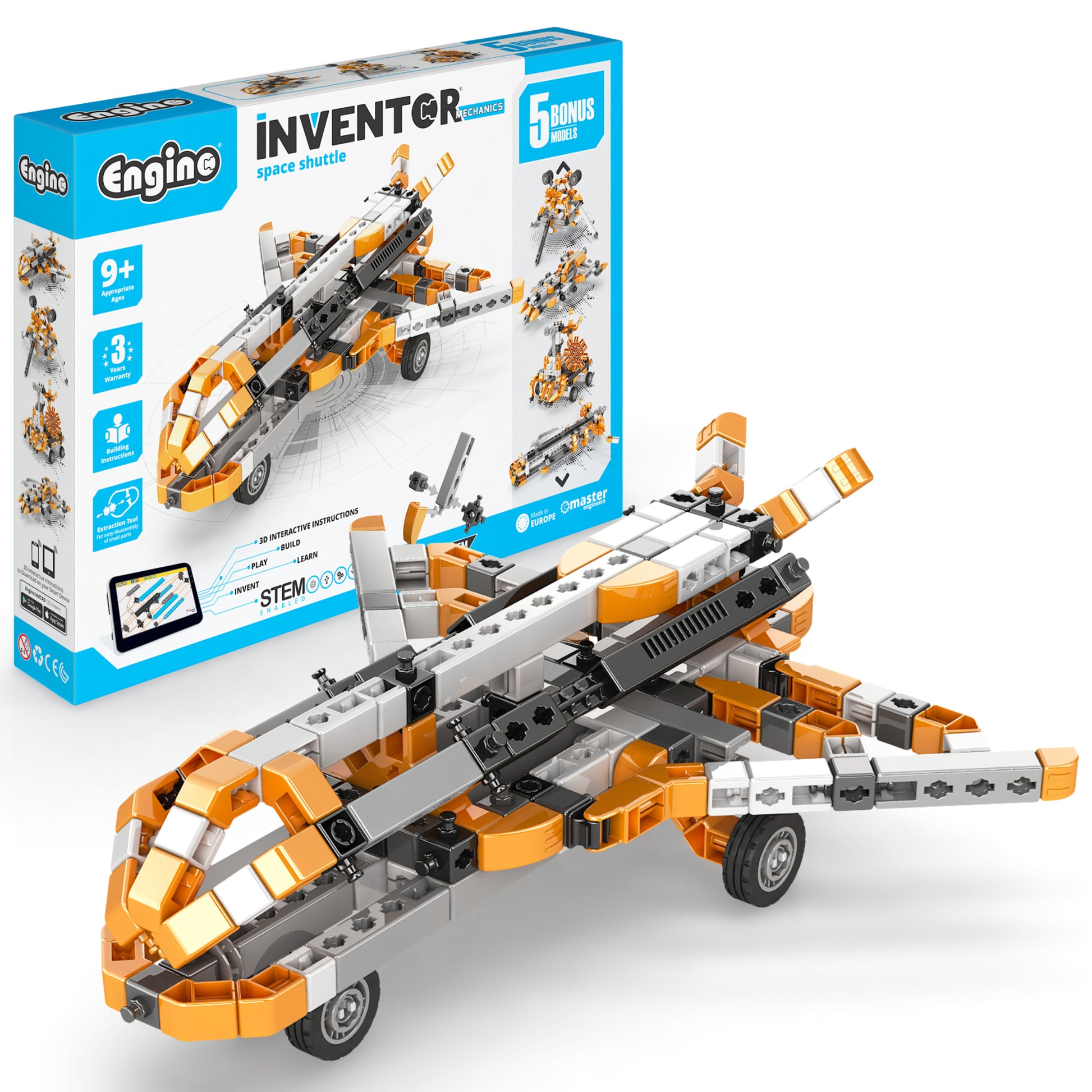 Engino Inventor Mechanics Space Shuttle 5-in-1 orange and white STEM building set with box