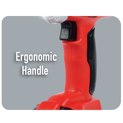 Tool Tech Power Drill toy in red with ergonomic handle, featuring LED light and interactive drilling motion