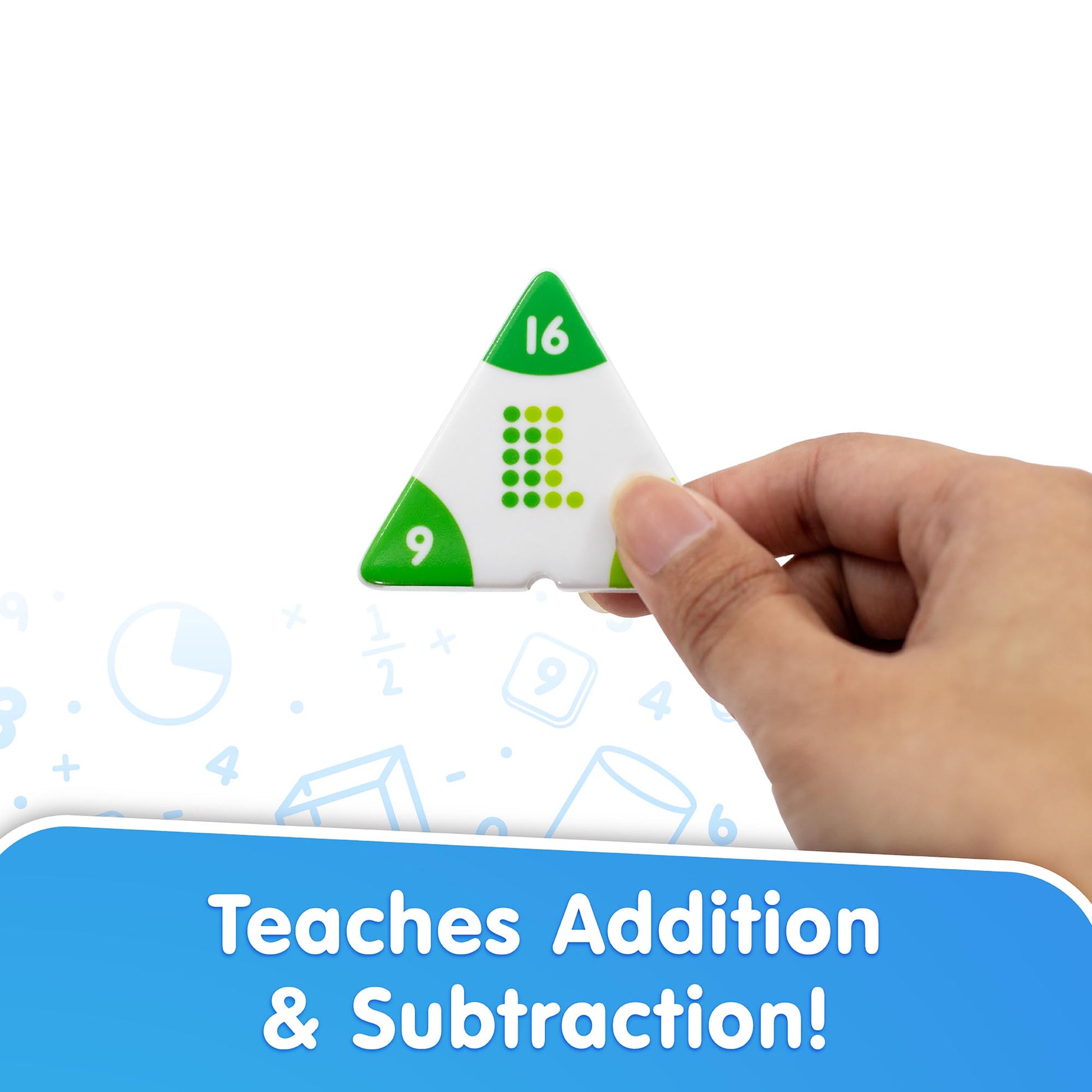 Triangles: Addition educational math toy with green and white pyramid shape showing number 16