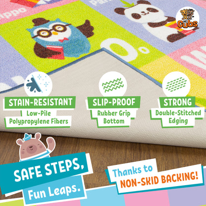 KC Cubs ABC Alphabet Animal educational playmat rug in bright colors with owl and animal designs